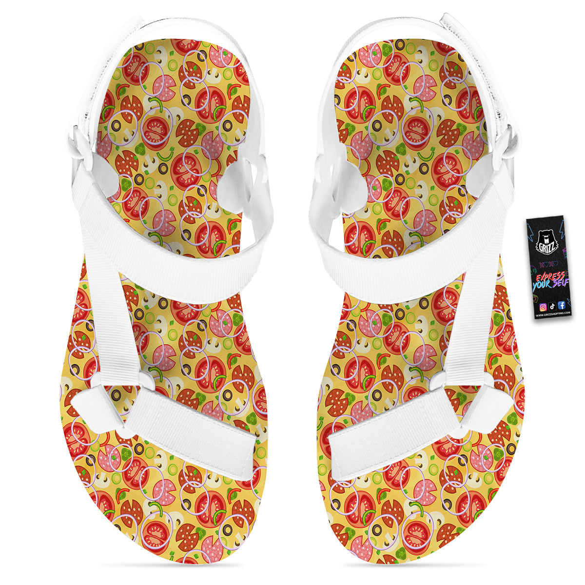 Pizza And Different Ingredients Print Pattern White Open Toe Sandals-grizzshop