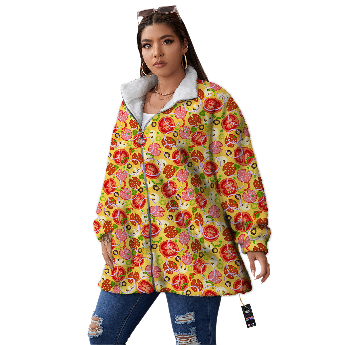 Pizza And Different Ingredients Print Pattern Women's Sherpa Jacket-grizzshop
