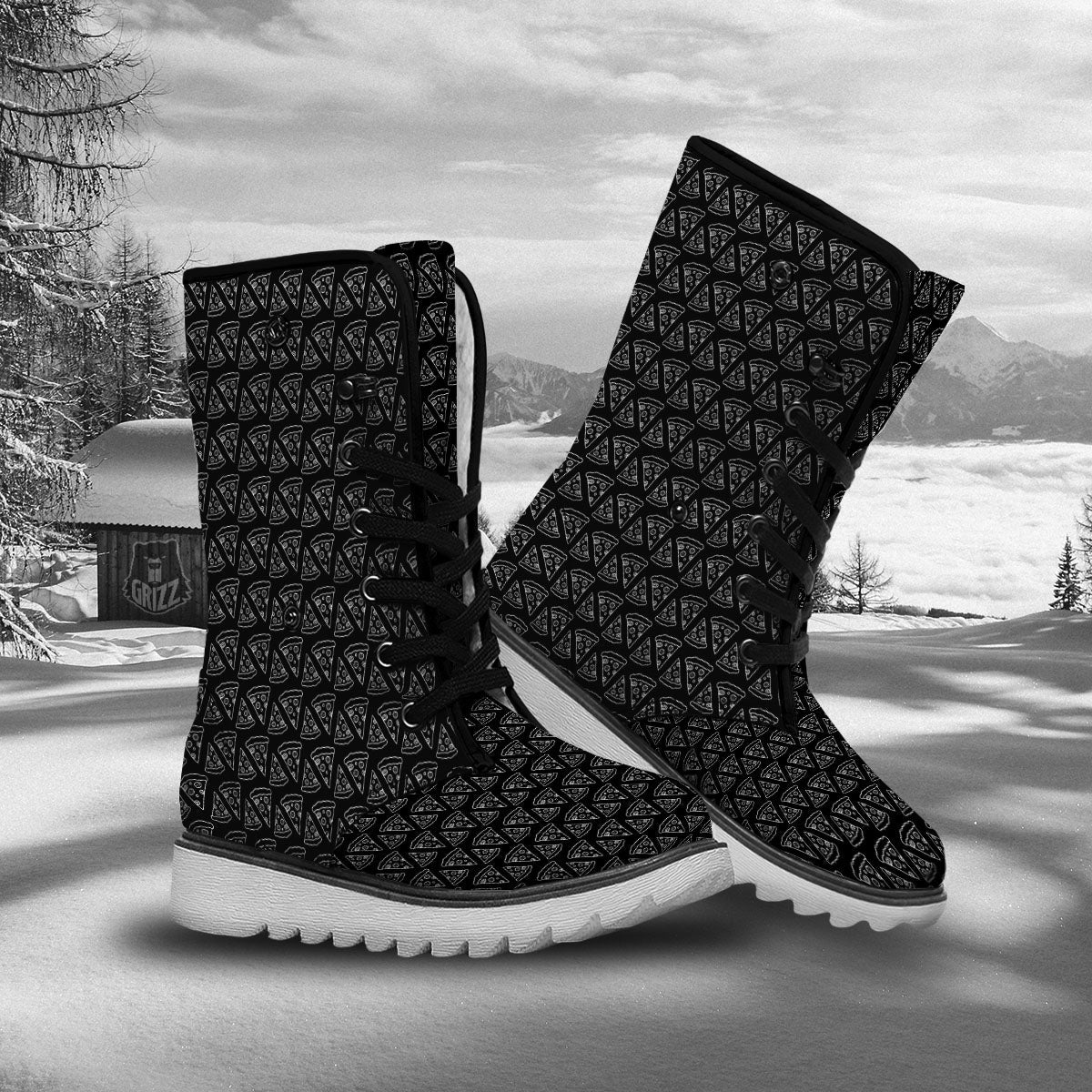 Pizza Black Print Pattern Snow Boots-grizzshop