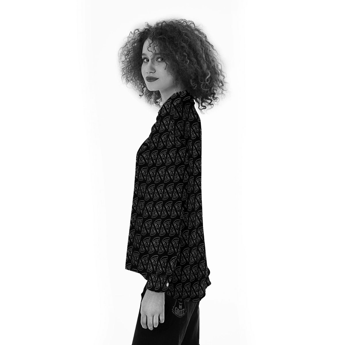Pizza Black Print Pattern Women's Long Sleeve Shirts-grizzshop