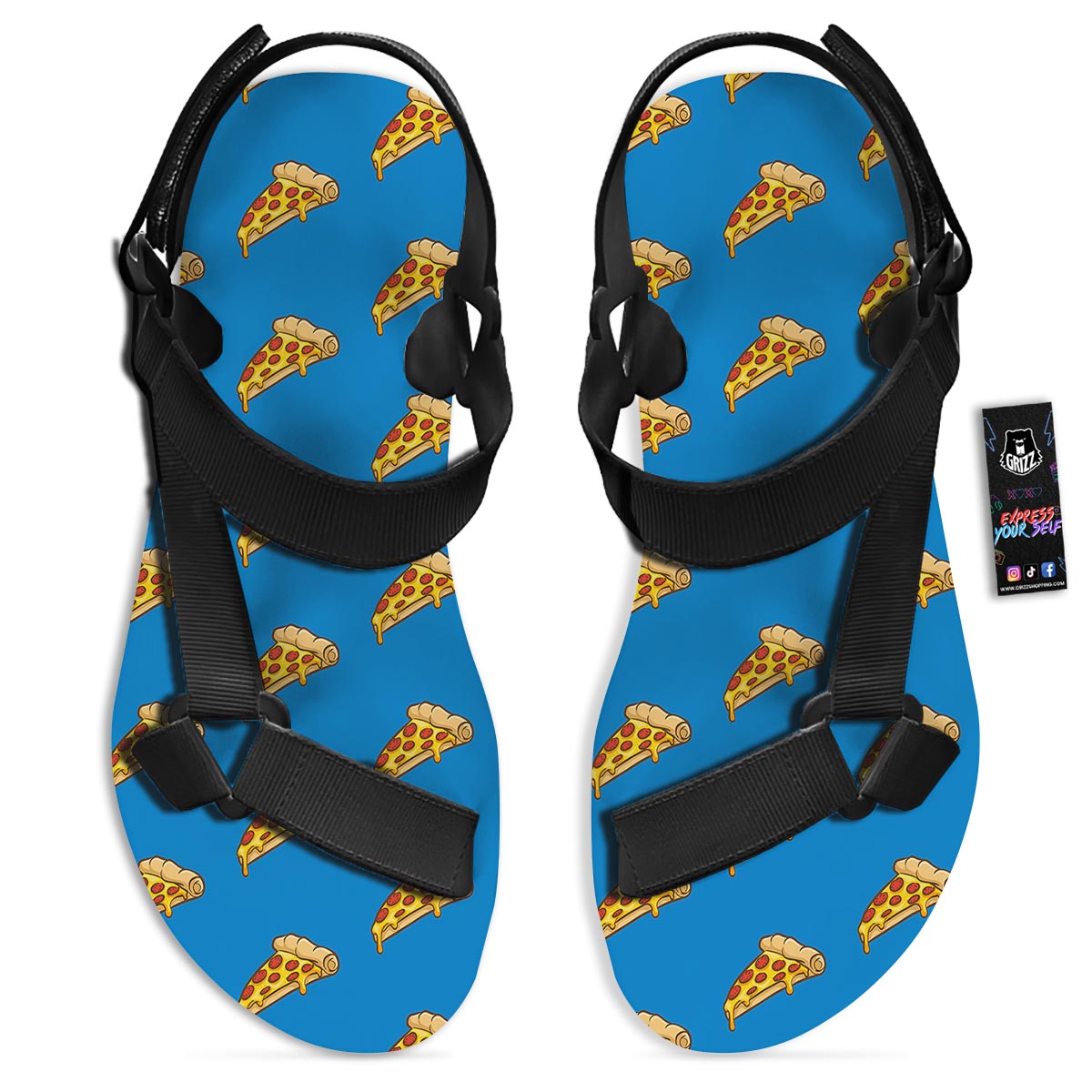 Pizza Teal Print Pattern Black Open Toe Sandals-grizzshop