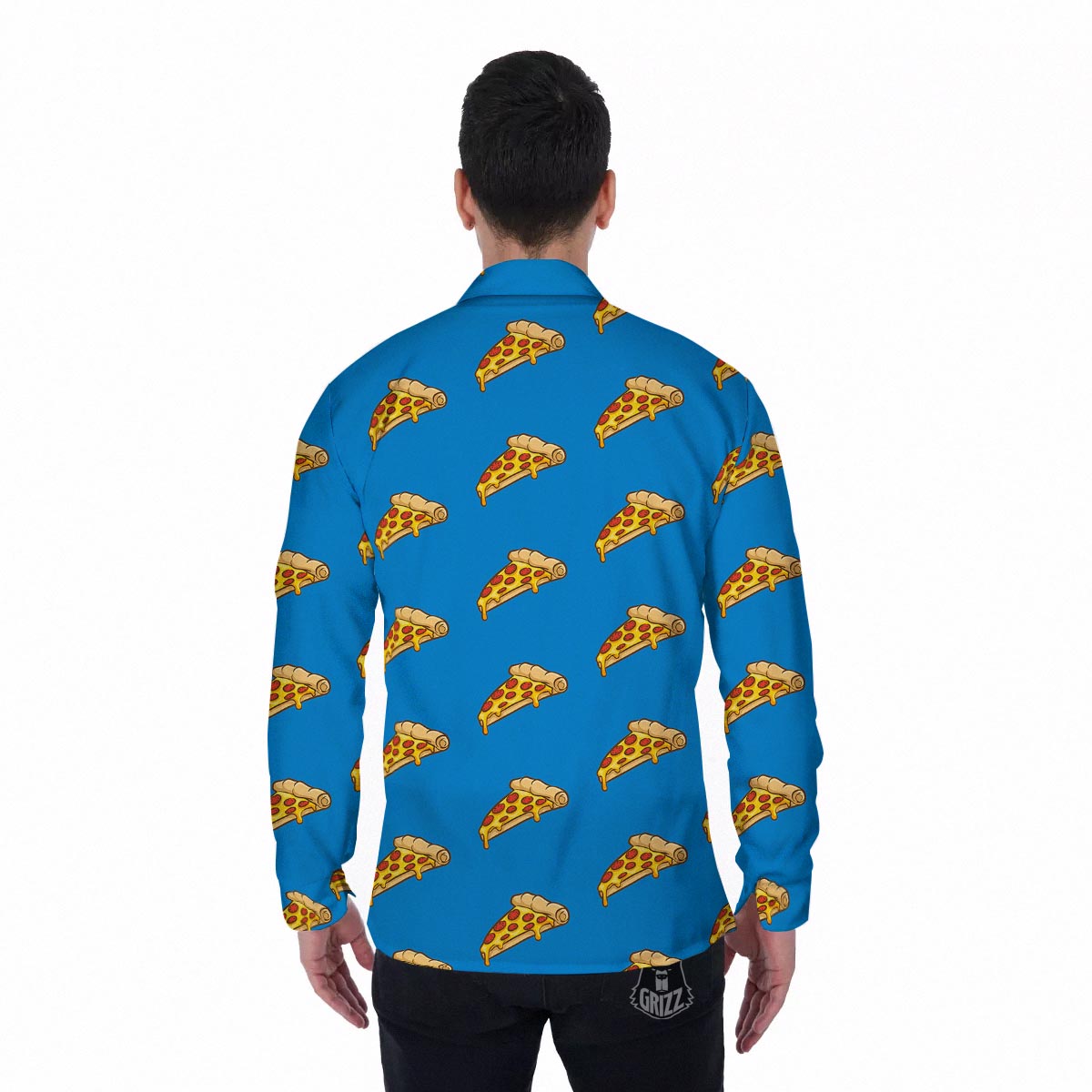 Pizza Teal Print Pattern Men's Long Sleeve Shirts-grizzshop