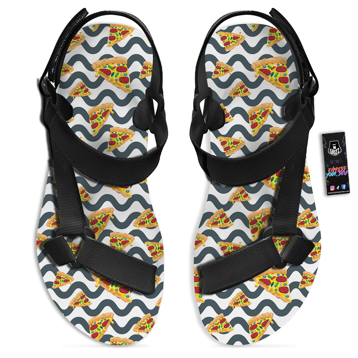 Pizza Zigzag Print Pattern Black Open Toe Sandals-grizzshop