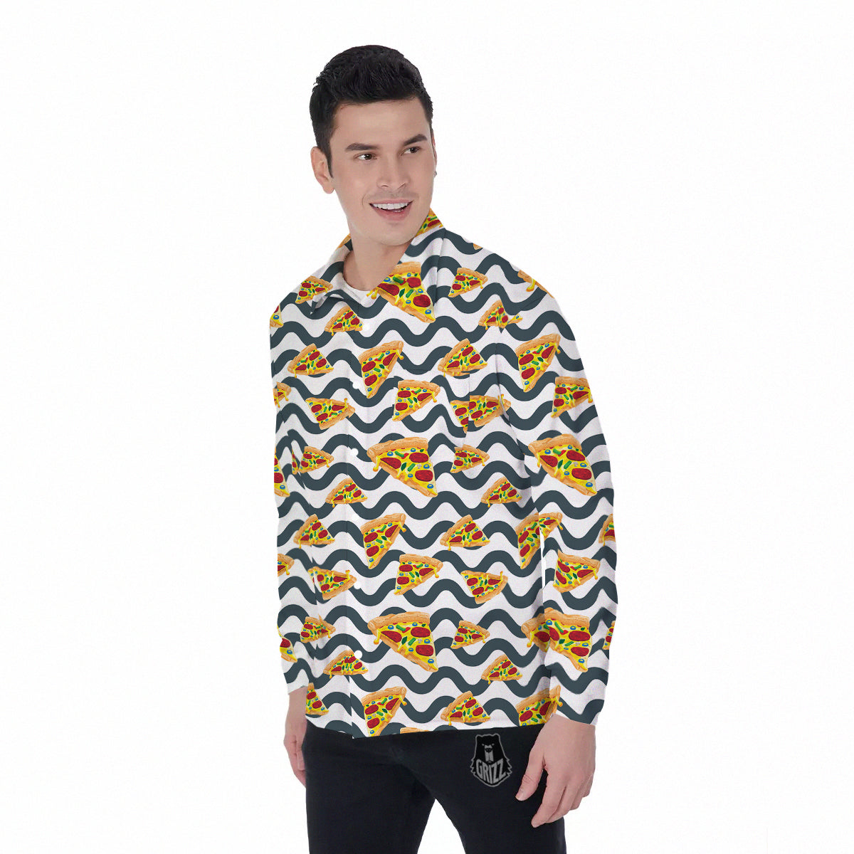 Pizza Zigzag Print Pattern Men's Long Sleeve Shirts-grizzshop
