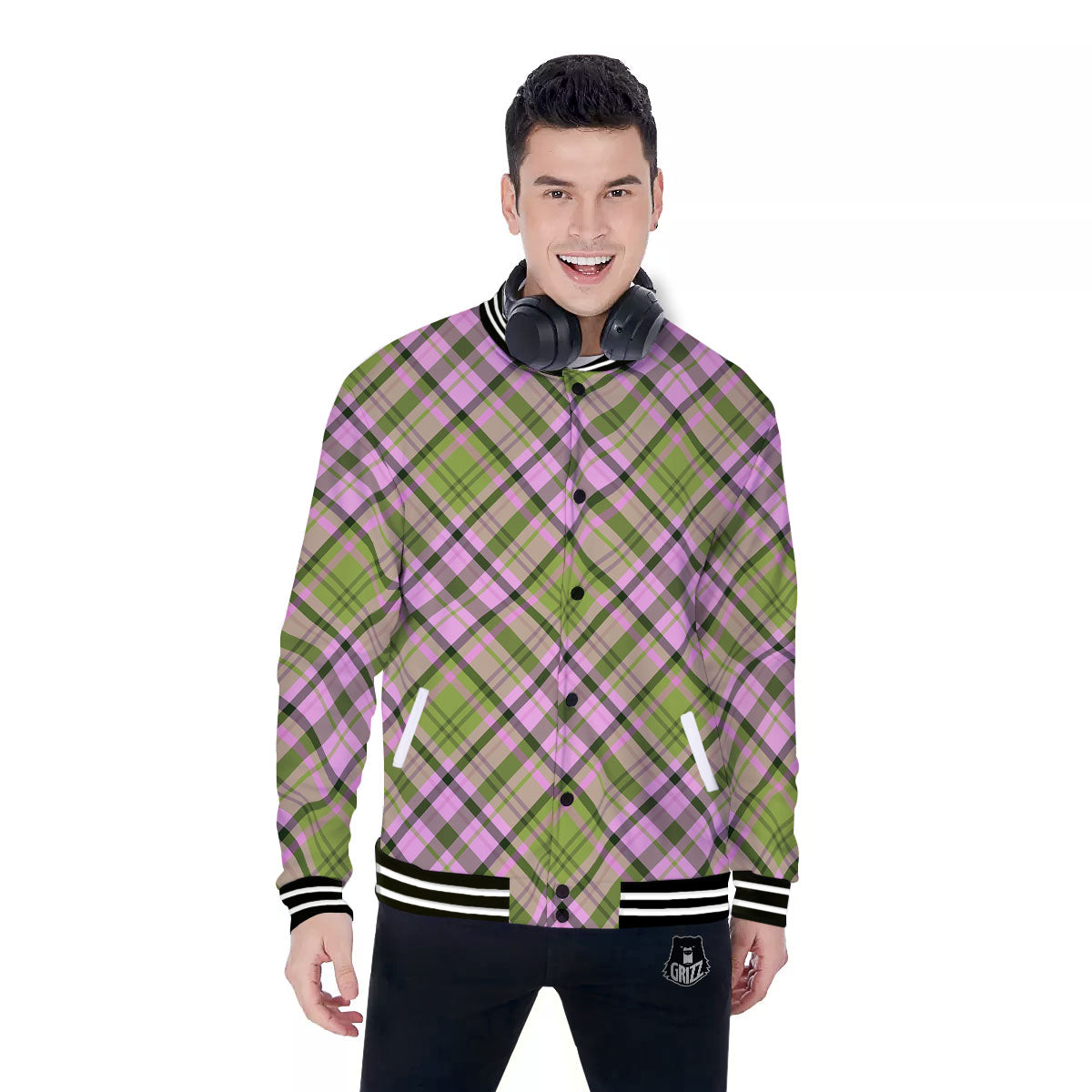 Plaid Green And Pink Print Pattern Baseball Jacket-grizzshop