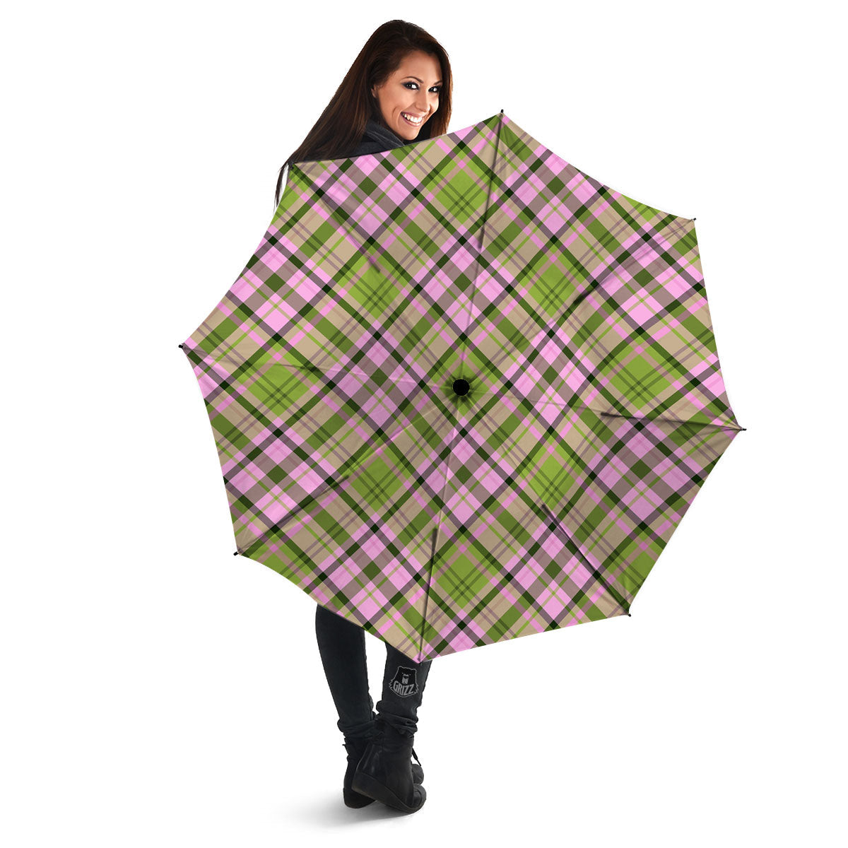 Plaid Green And Pink Print Pattern Umbrella-grizzshop