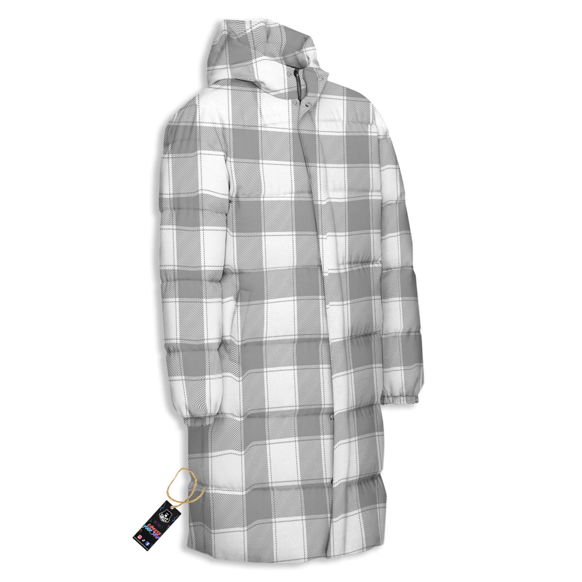Plaid Grey And White Print Pattern Long Down Jacket-grizzshop