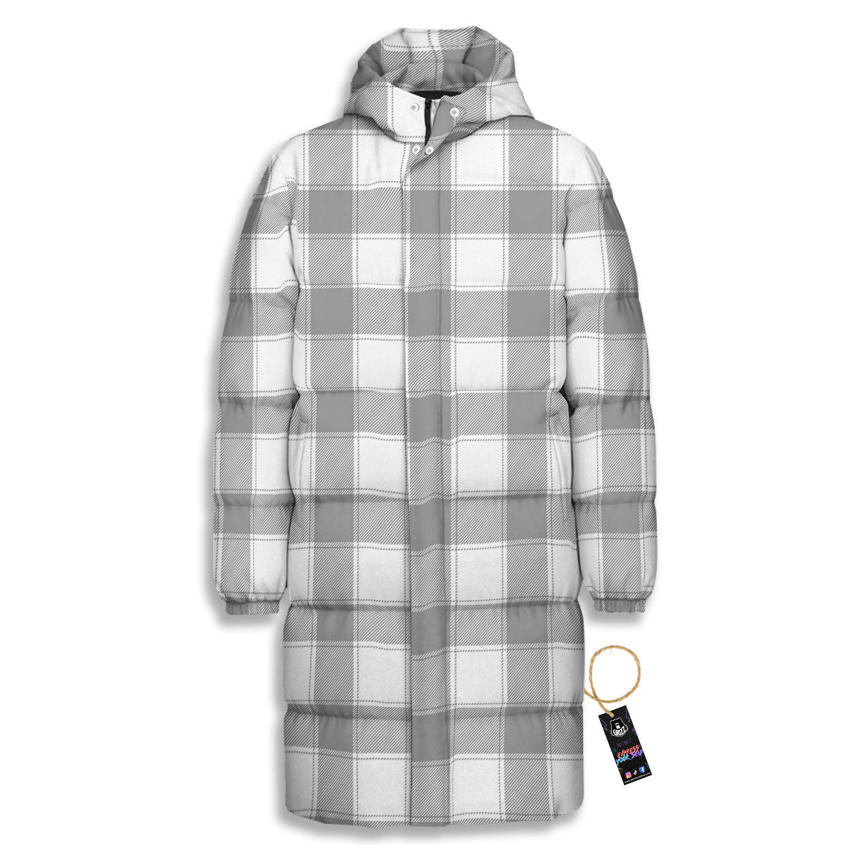 Plaid Grey And White Print Pattern Long Down Jacket-grizzshop