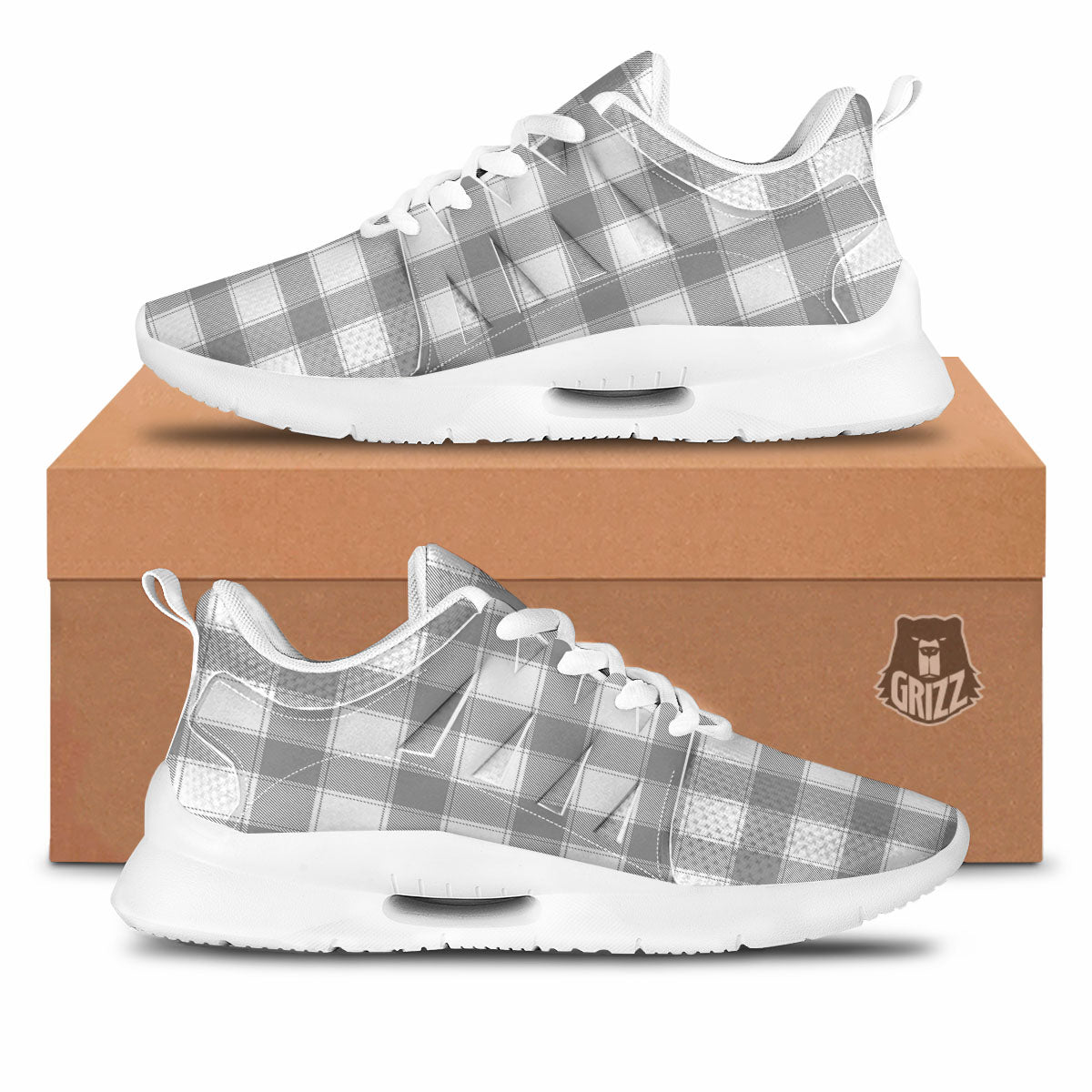 Plaid Grey And White Print Pattern Tennis Shoes-grizzshop