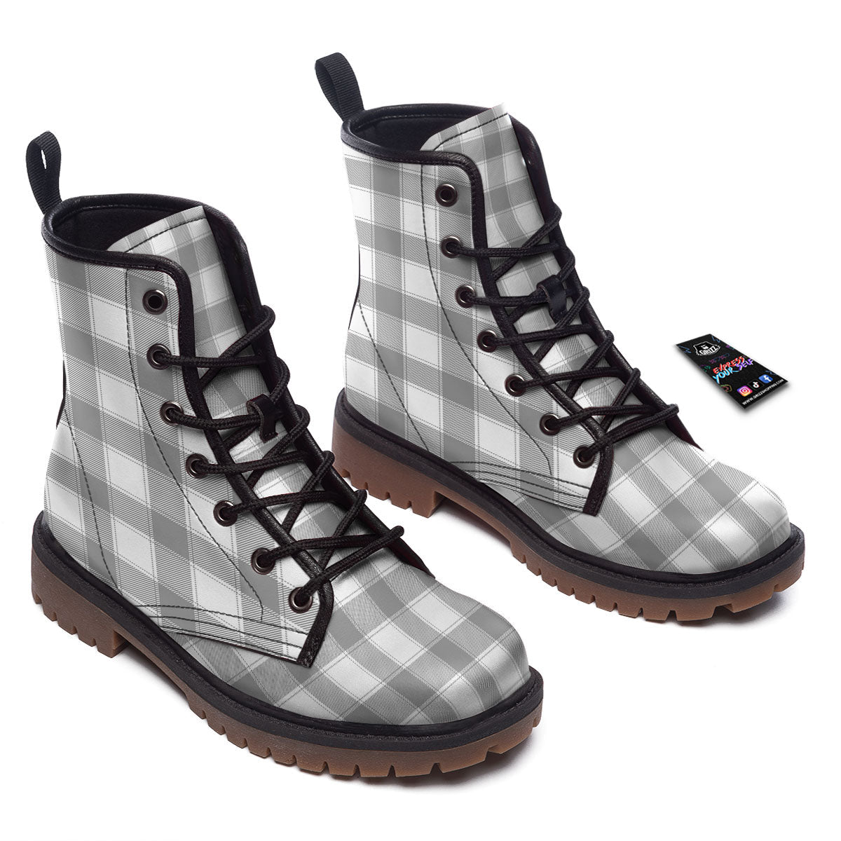 Plaid Grey And White Print Pattern Work Boots-grizzshop