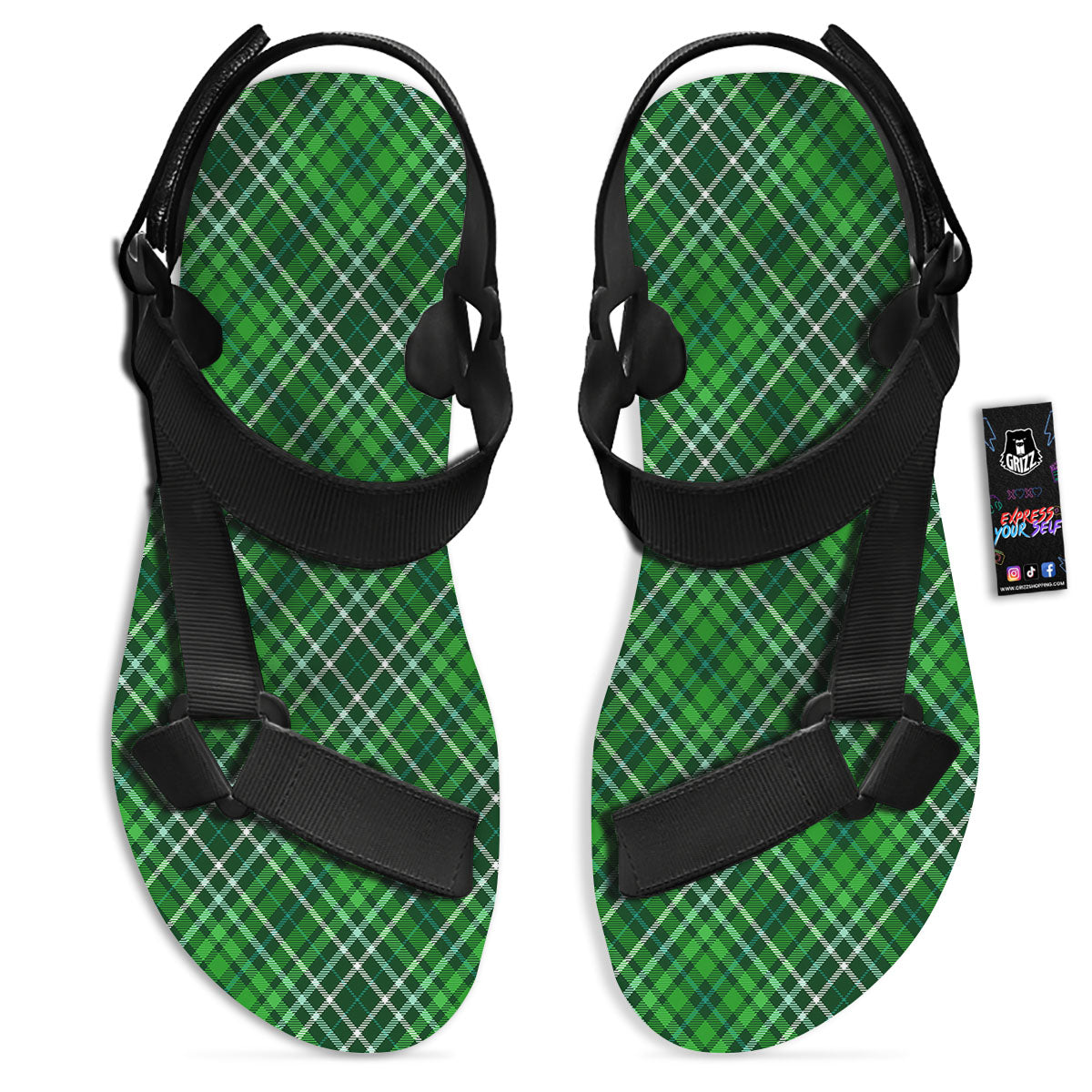 Plaid Irish Print Pattern Black Open Toe Sandals-grizzshop