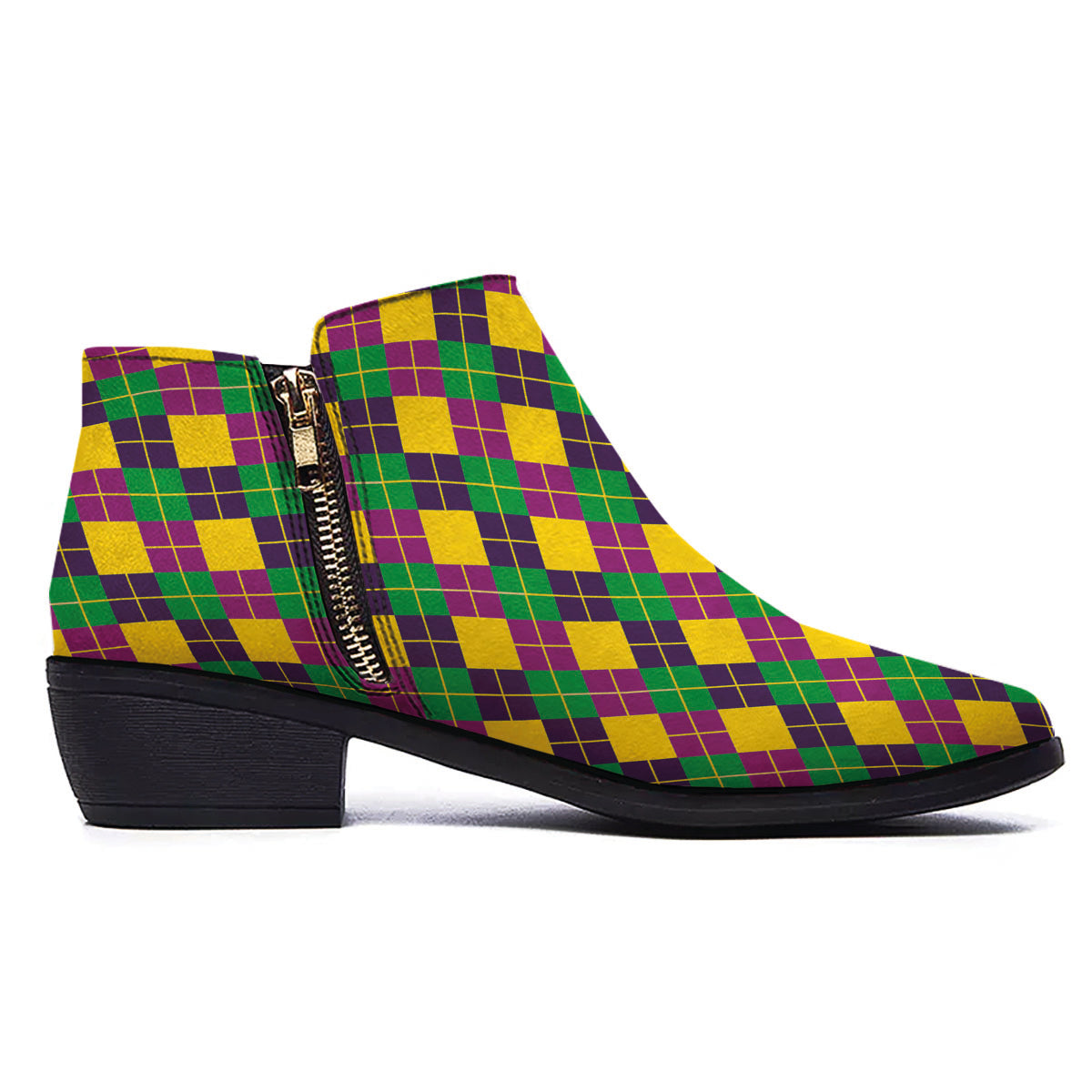 Plaid Mardi Gras Print Pattern Ankle Boots-grizzshop