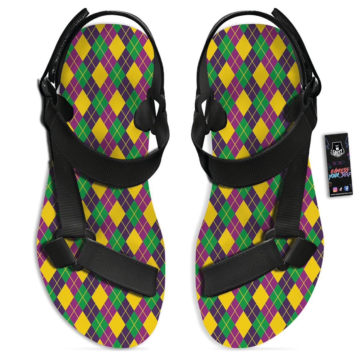 Plaid Mardi Gras Print Pattern Black Open Toe Sandals-grizzshop