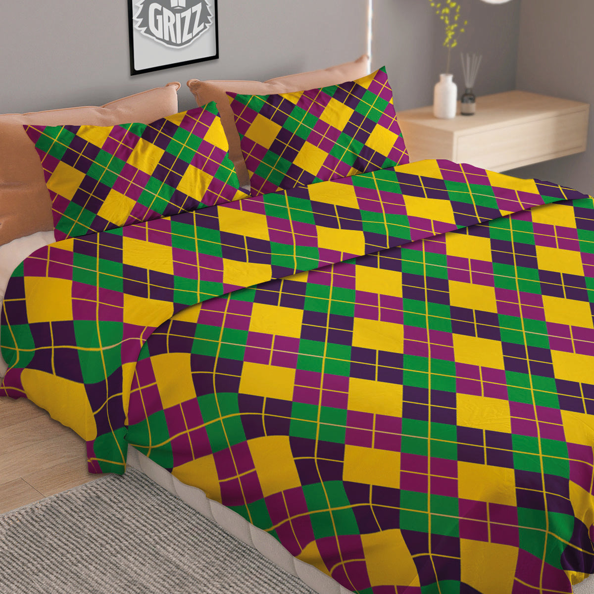 Plaid Mardi Gras Print Pattern Duvet Cover Bedding Set