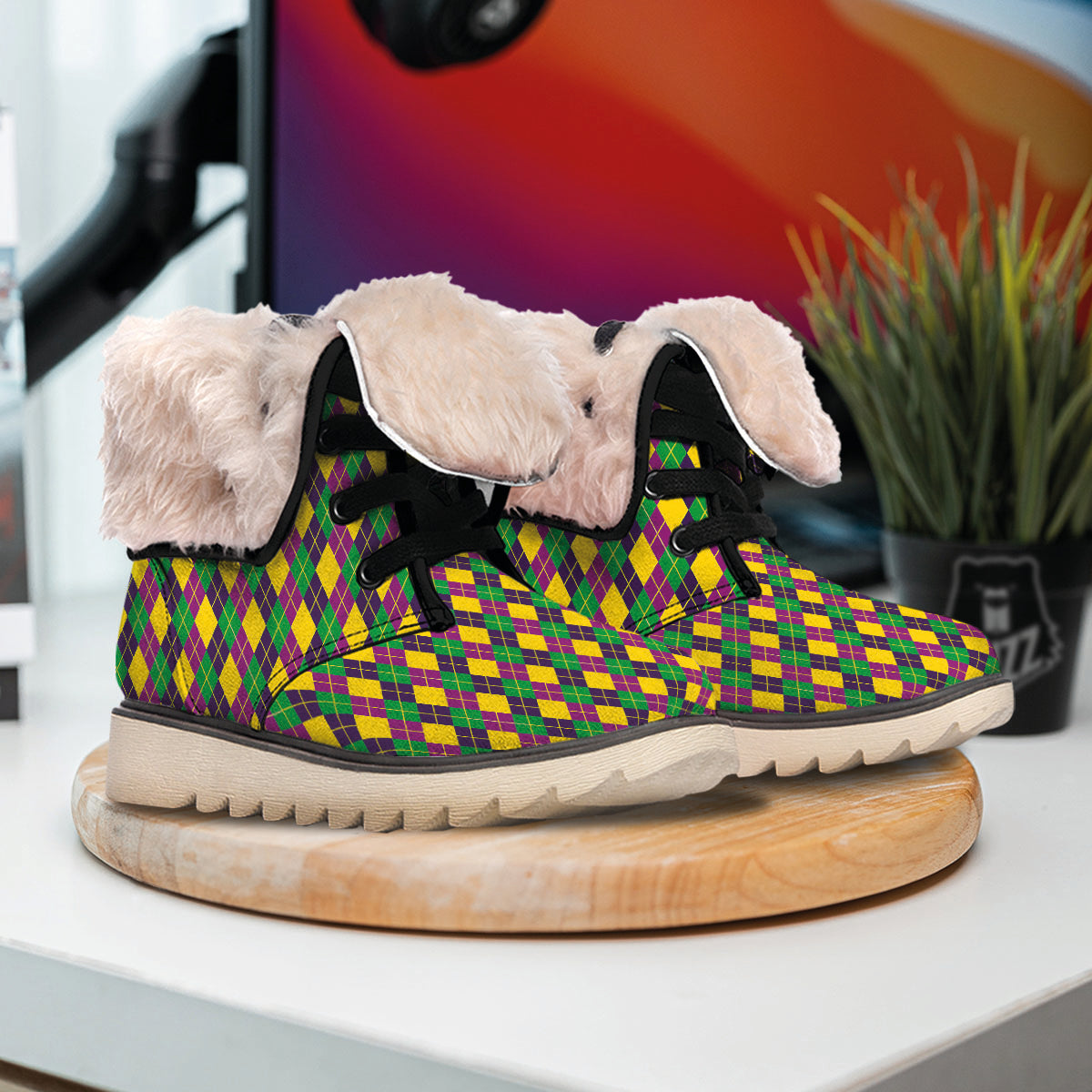 Plaid Mardi Gras Print Pattern Snow Boots-grizzshop