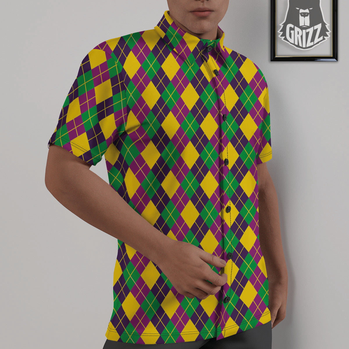 Plaid Mardi Gras Print Pattern Untucked Shirts-grizzshop