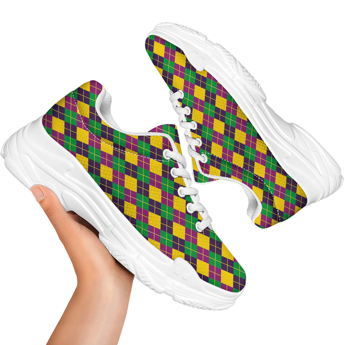 Plaid Mardi Gras Print Pattern White Chunky Shoes-grizzshop