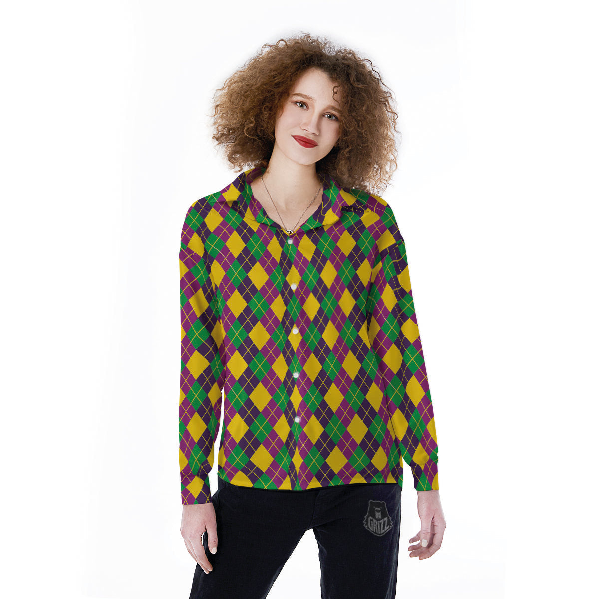 Plaid Mardi Gras Print Pattern Women's Long Sleeve Shirts-grizzshop