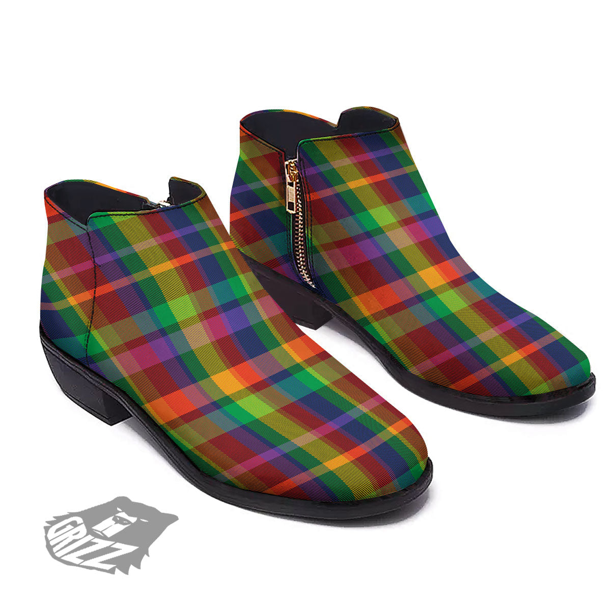 Plaid Rainbow Print Pattern Ankle Boots-grizzshop
