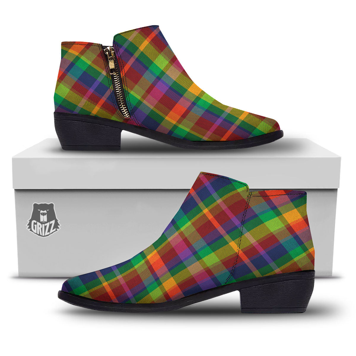 Plaid Rainbow Print Pattern Ankle Boots-grizzshop