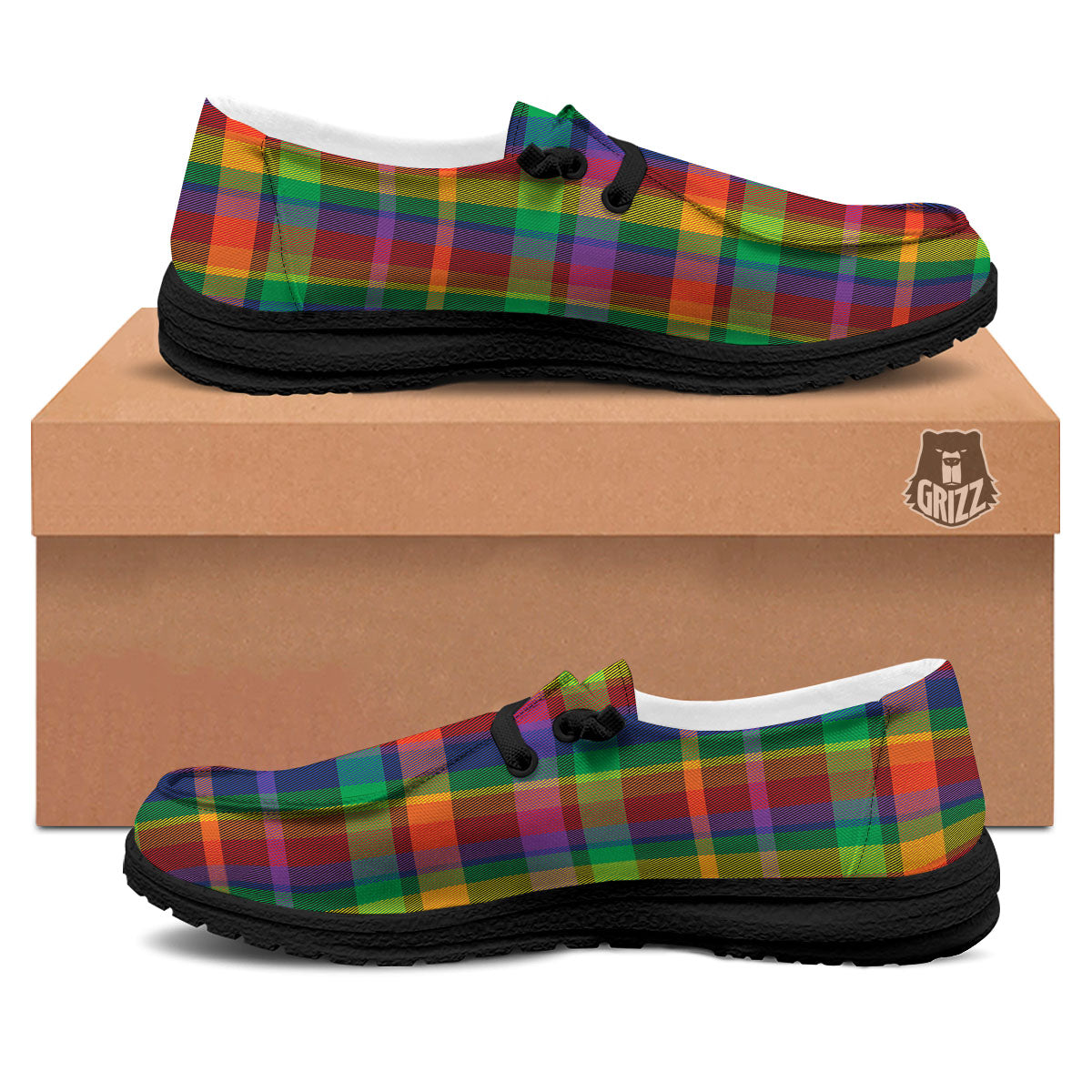 Plaid Rainbow Print Pattern Black Loafers-grizzshop