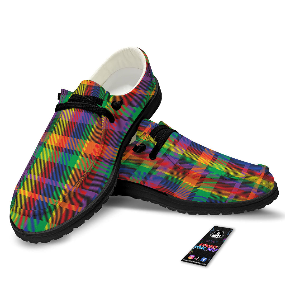 Plaid Rainbow Print Pattern Black Loafers-grizzshop
