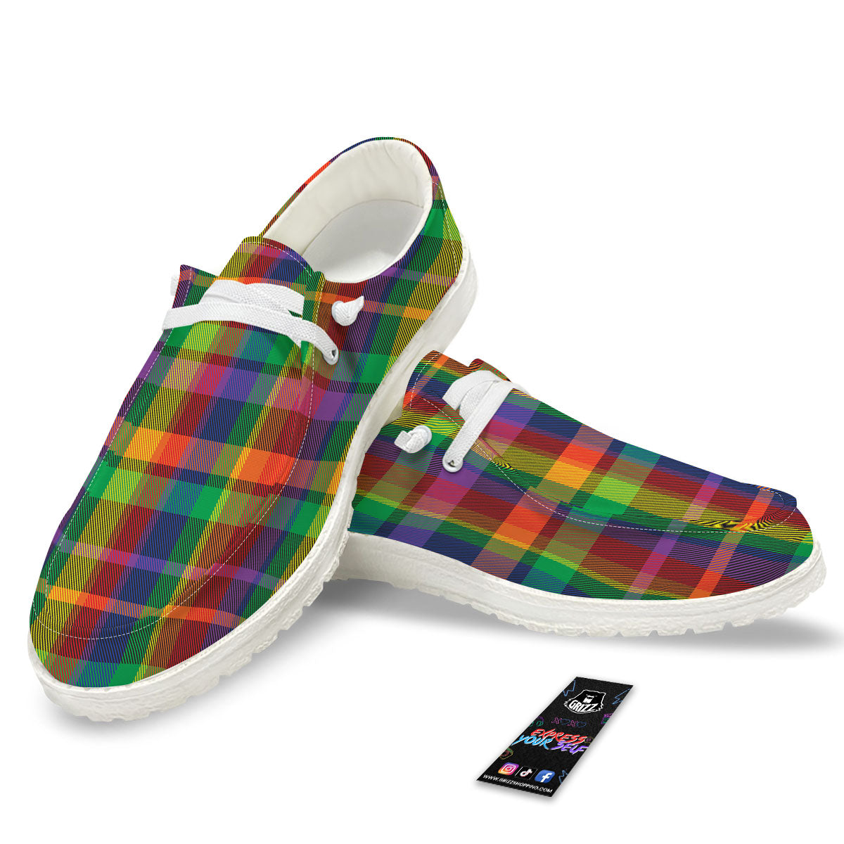 Plaid Rainbow Print Pattern Black Loafers-grizzshop