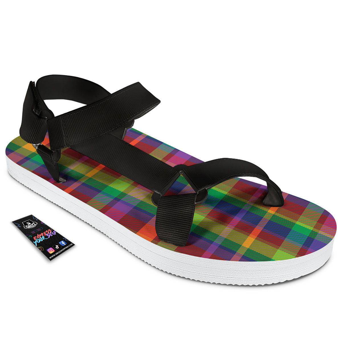 Plaid Rainbow Print Pattern Black Open Toe Sandals-grizzshop