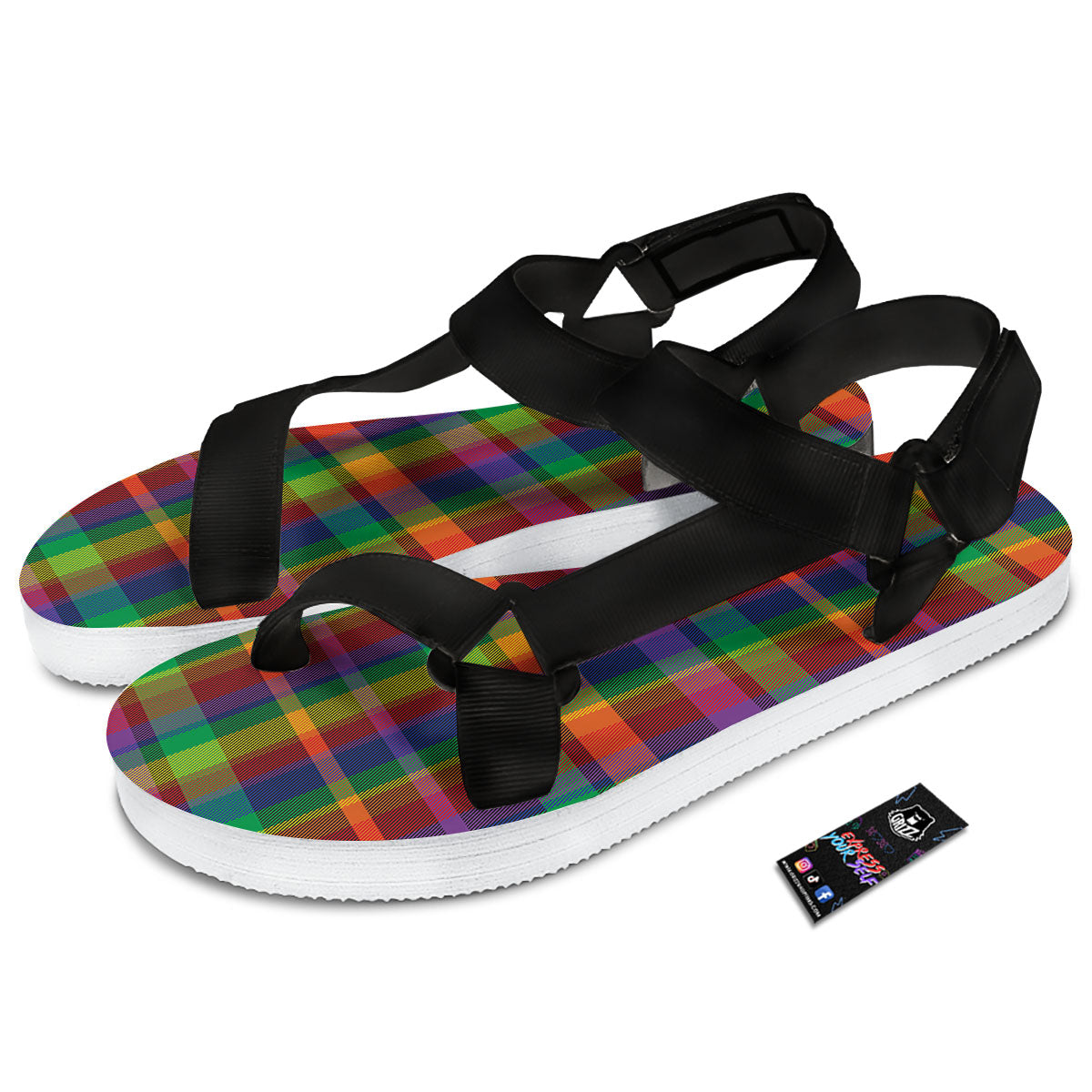 Plaid Rainbow Print Pattern Black Open Toe Sandals-grizzshop