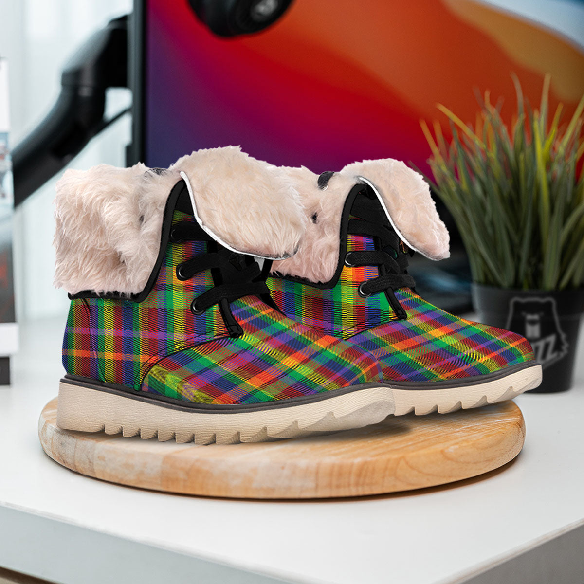 Plaid Rainbow Print Pattern Snow Boots-grizzshop