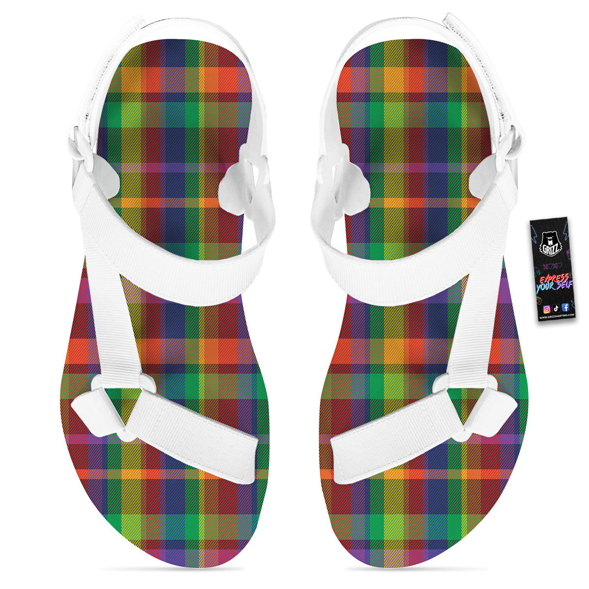 Plaid Rainbow Print Pattern White Open Toe Sandals-grizzshop