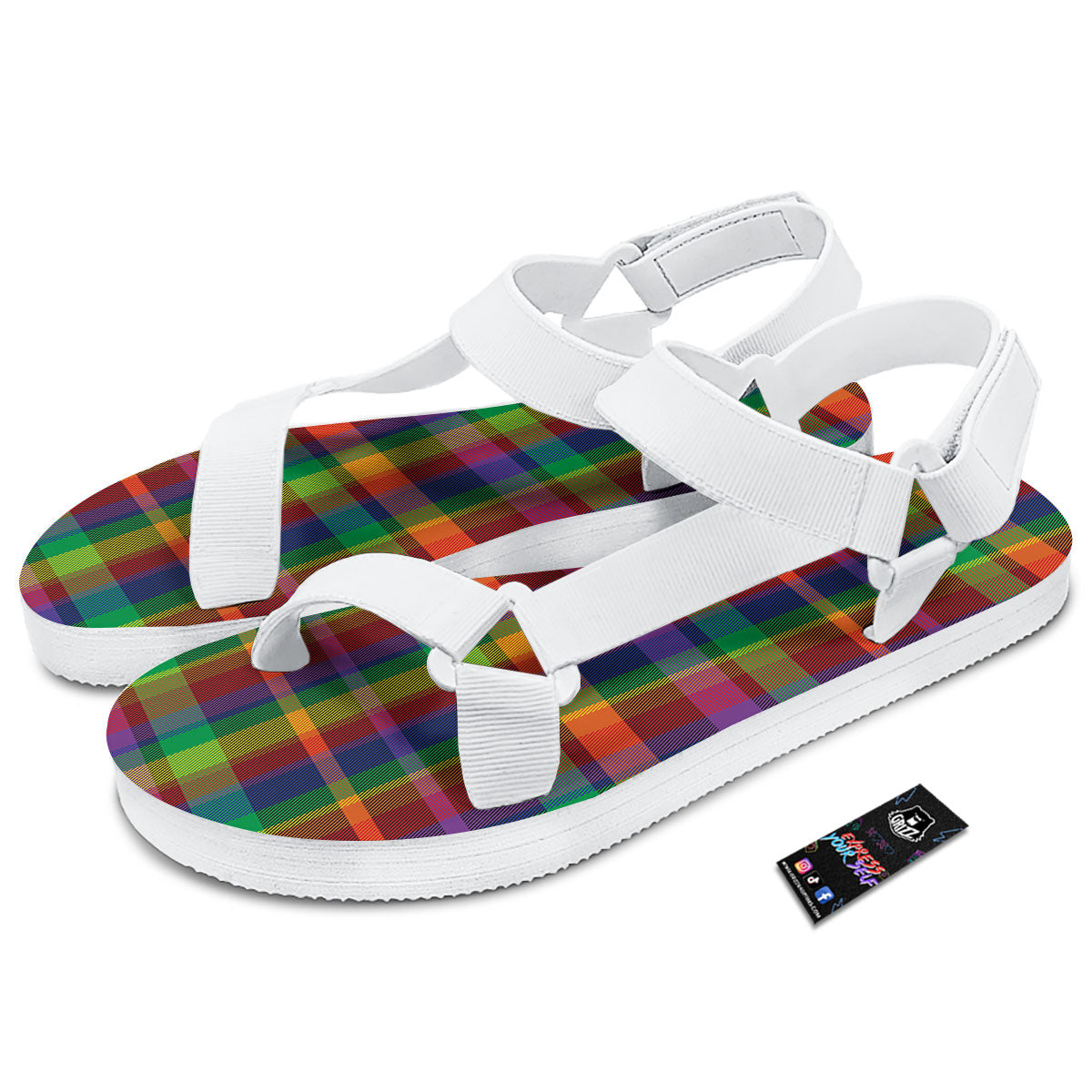 Plaid Rainbow Print Pattern White Open Toe Sandals-grizzshop