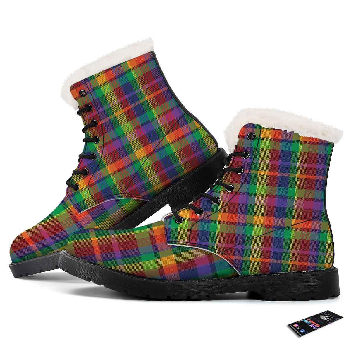 Plaid Rainbow Print Pattern Winter Boots-grizzshop