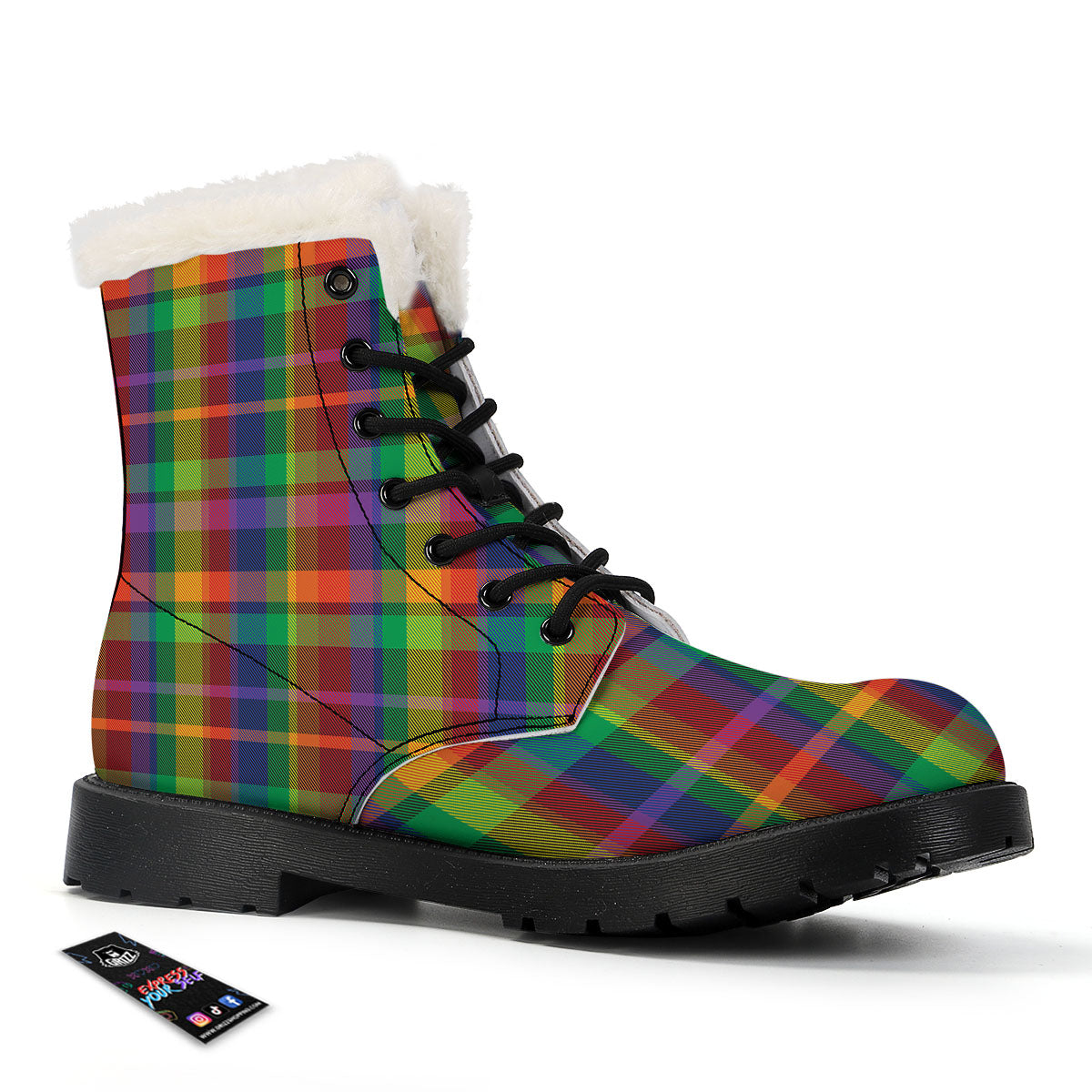Plaid Rainbow Print Pattern Winter Boots-grizzshop