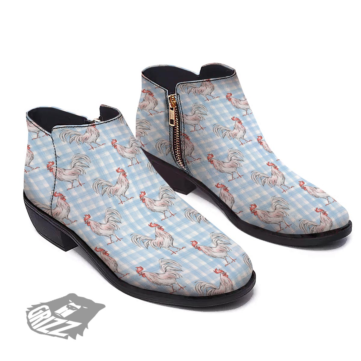 Plaid Rooster Print Pattern Ankle Boots-grizzshop