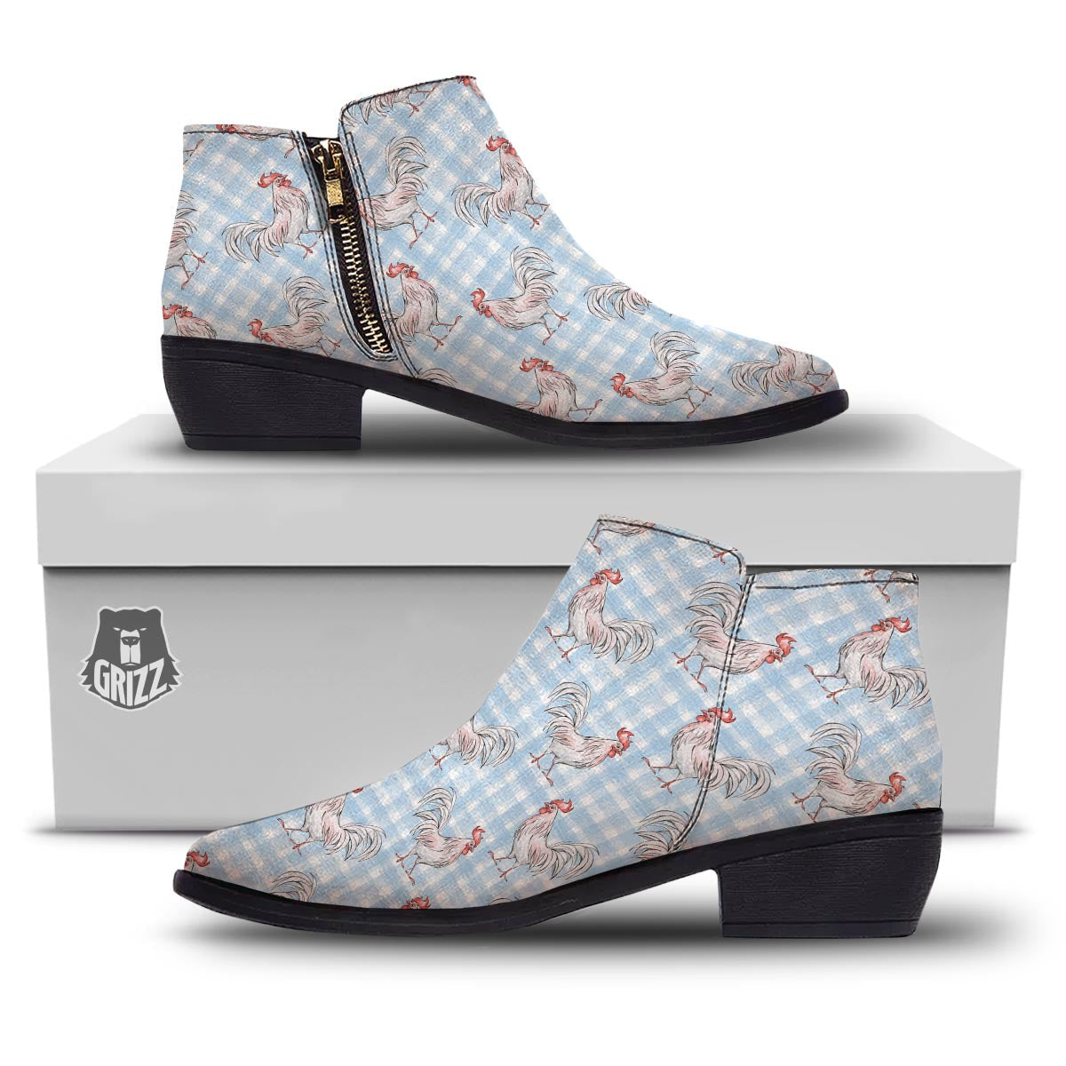 Plaid Rooster Print Pattern Ankle Boots-grizzshop