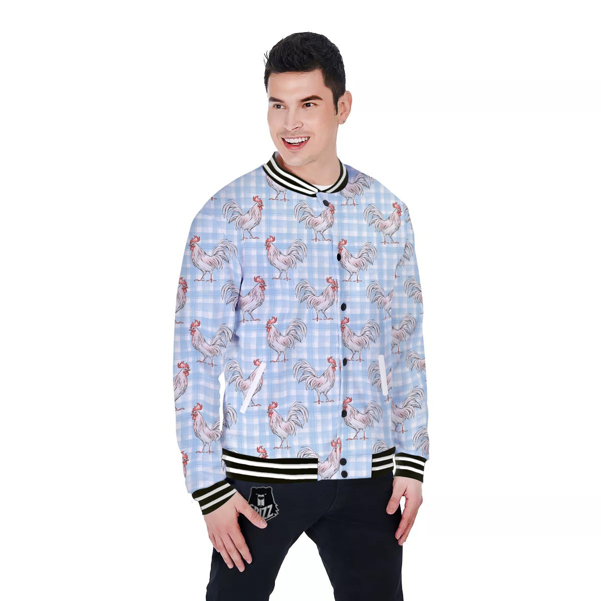 Plaid Rooster Print Pattern Baseball Jacket-grizzshop