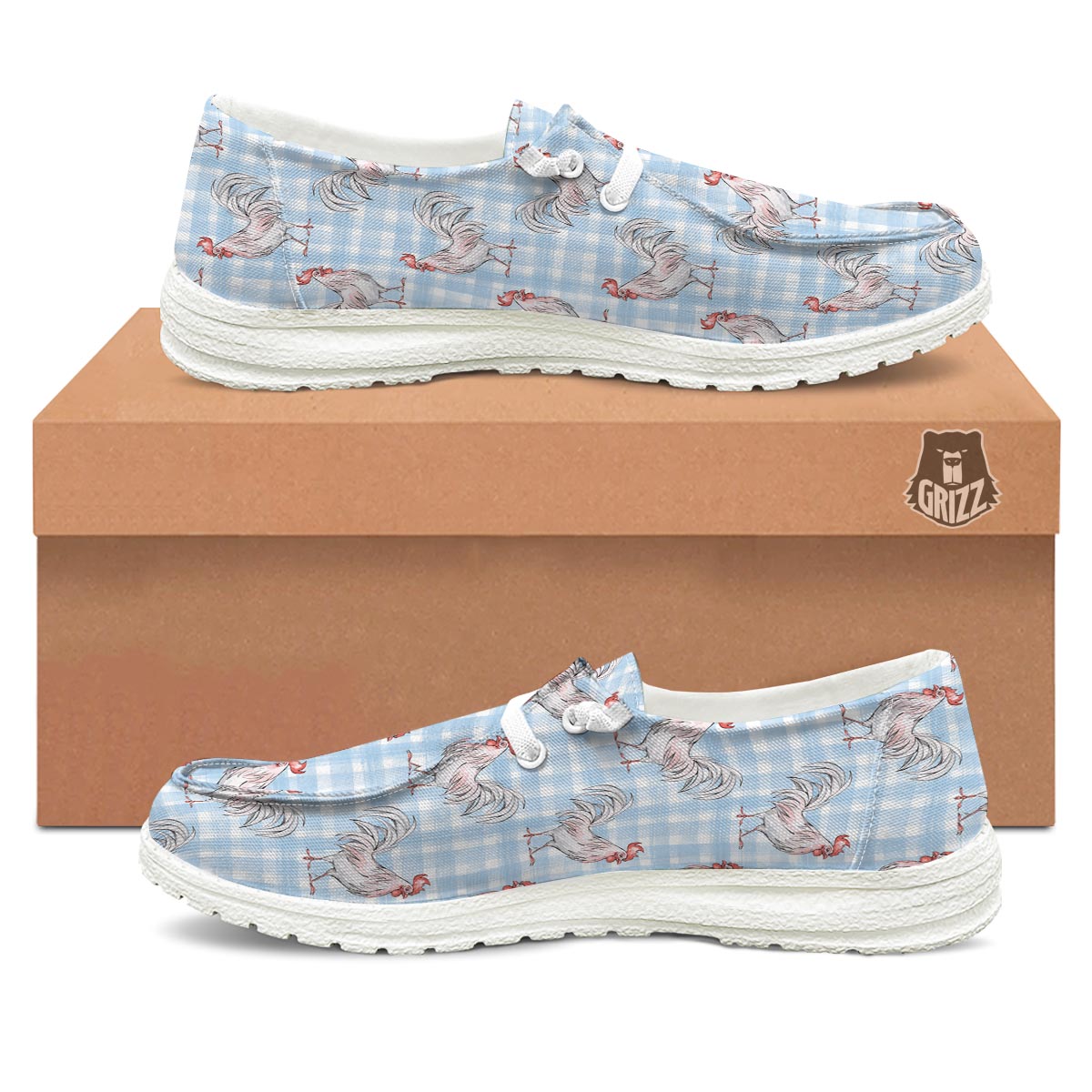 Plaid Rooster Print Pattern Black Loafers-grizzshop
