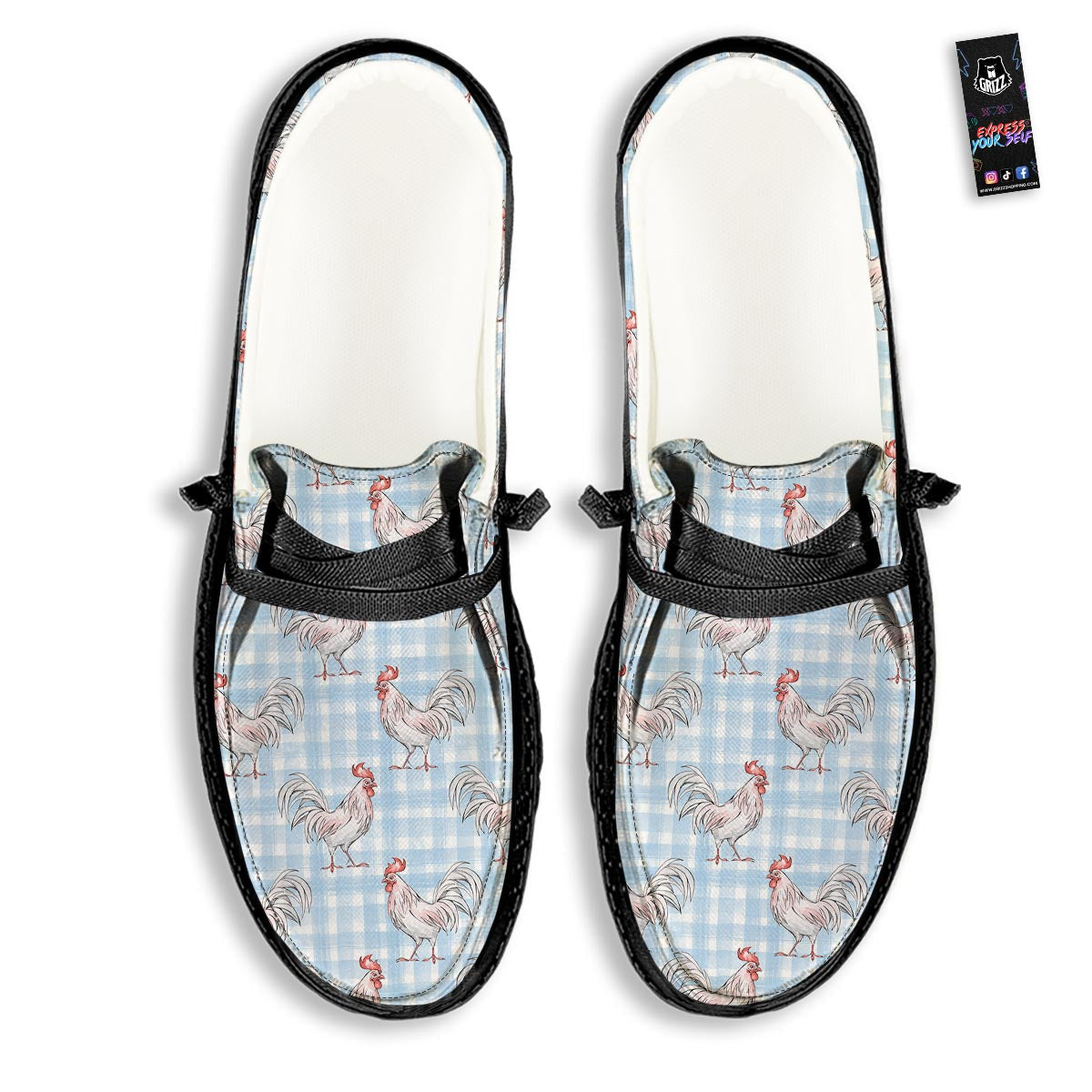 Plaid Rooster Print Pattern Black Loafers-grizzshop