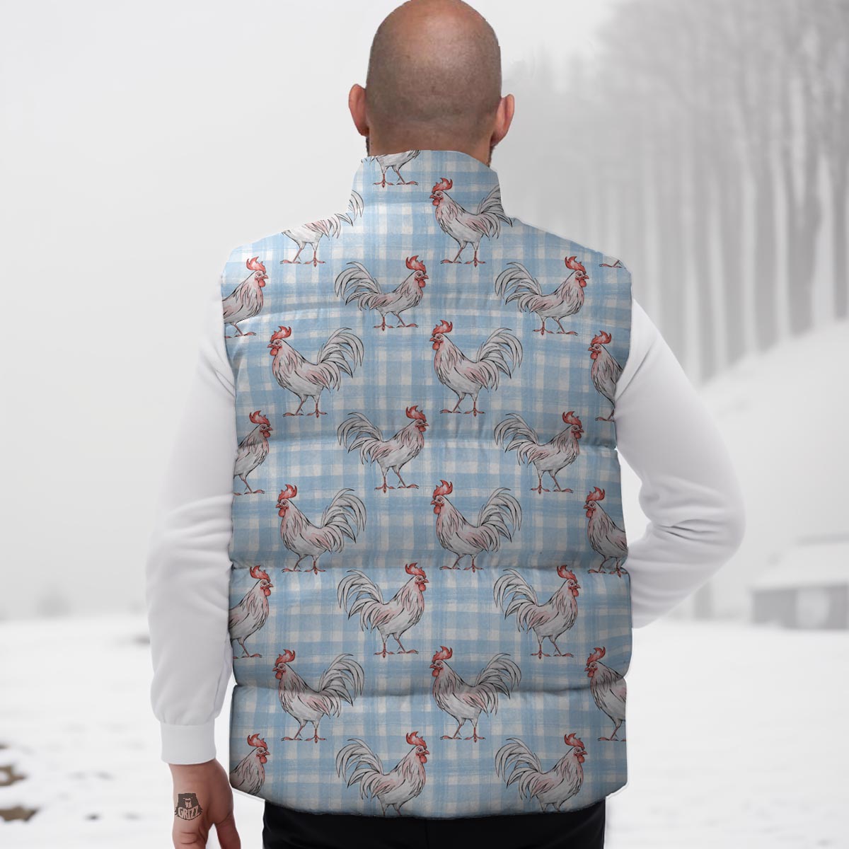 Plaid Rooster Print Pattern Down Vest-grizzshop
