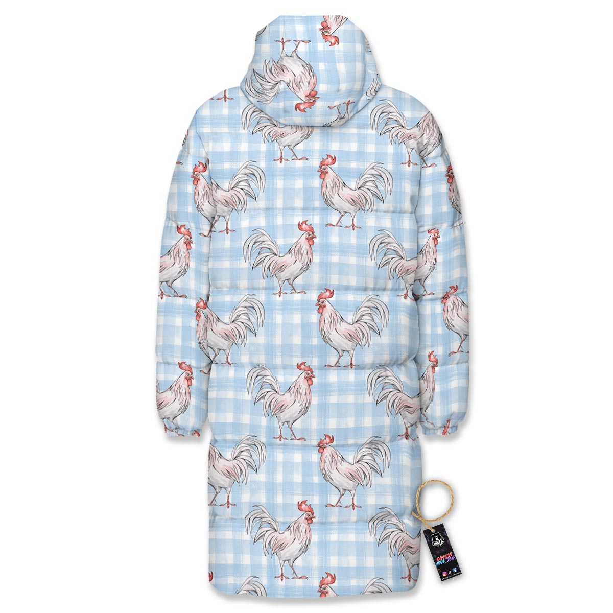 Plaid Rooster Print Pattern Long Down Jacket-grizzshop