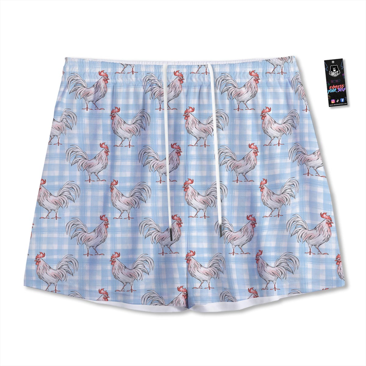 Plaid Rooster Print Pattern Mesh Shorts