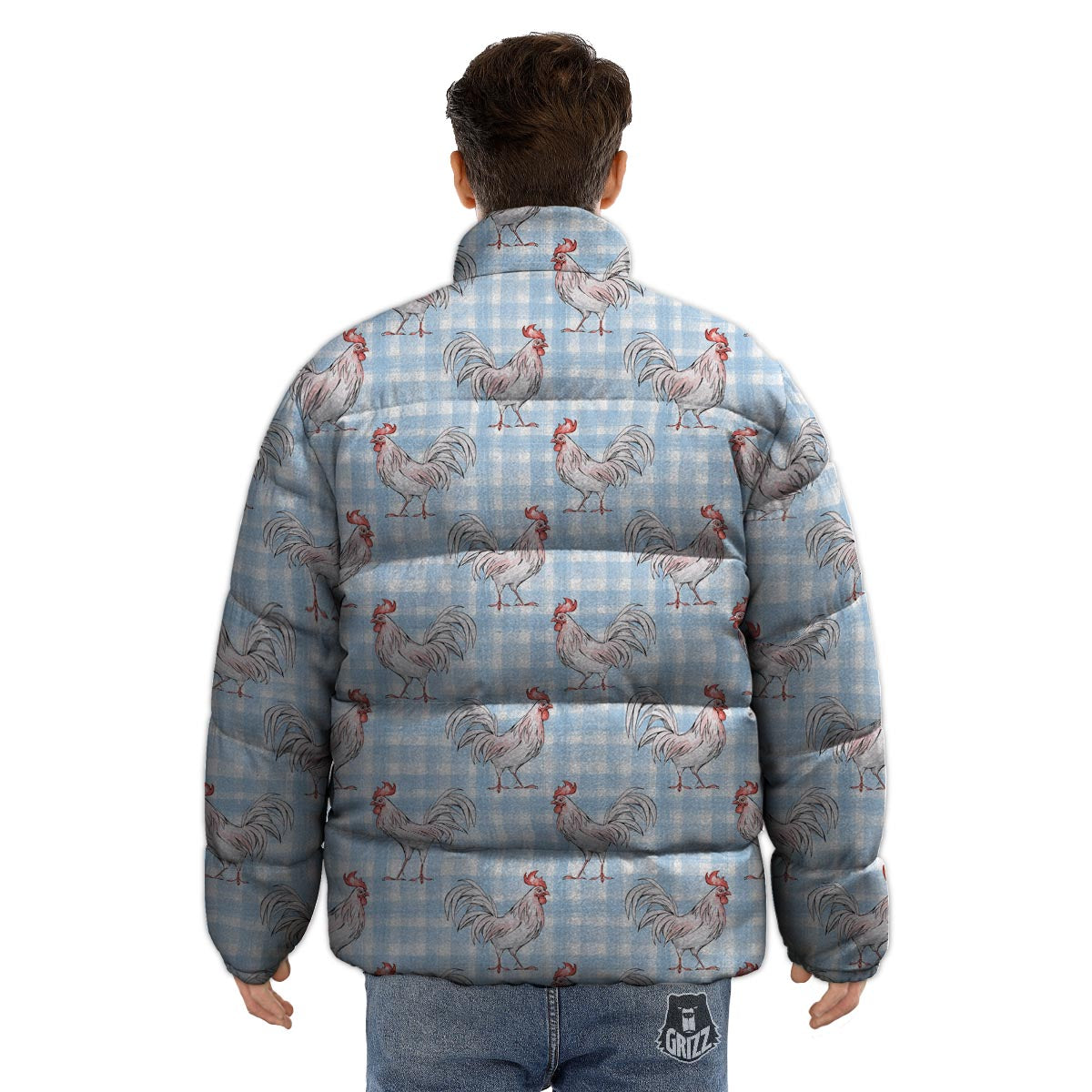 Plaid Rooster Print Pattern Puffer Jacket-grizzshop