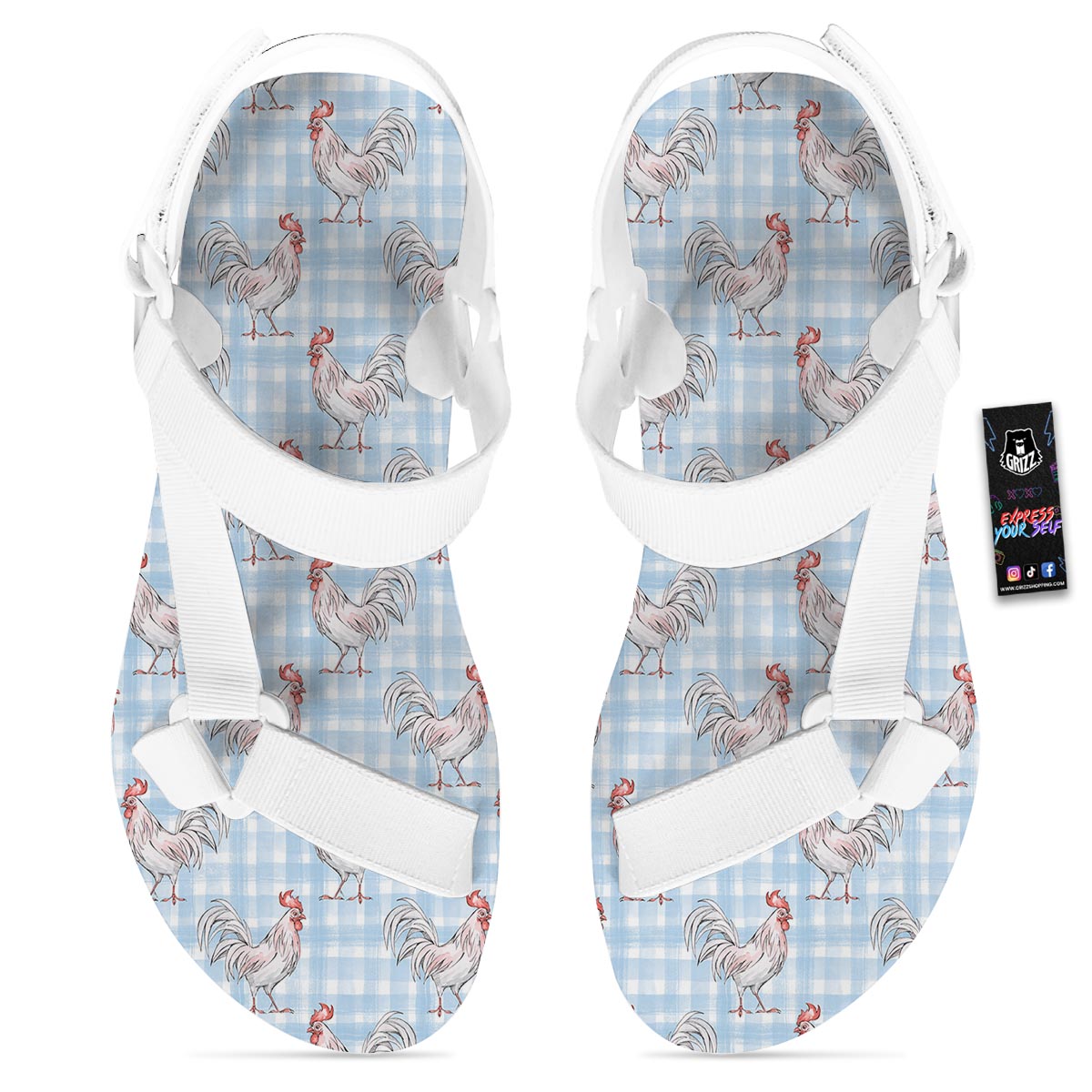 Plaid Rooster Print Pattern White Open Toe Sandals-grizzshop