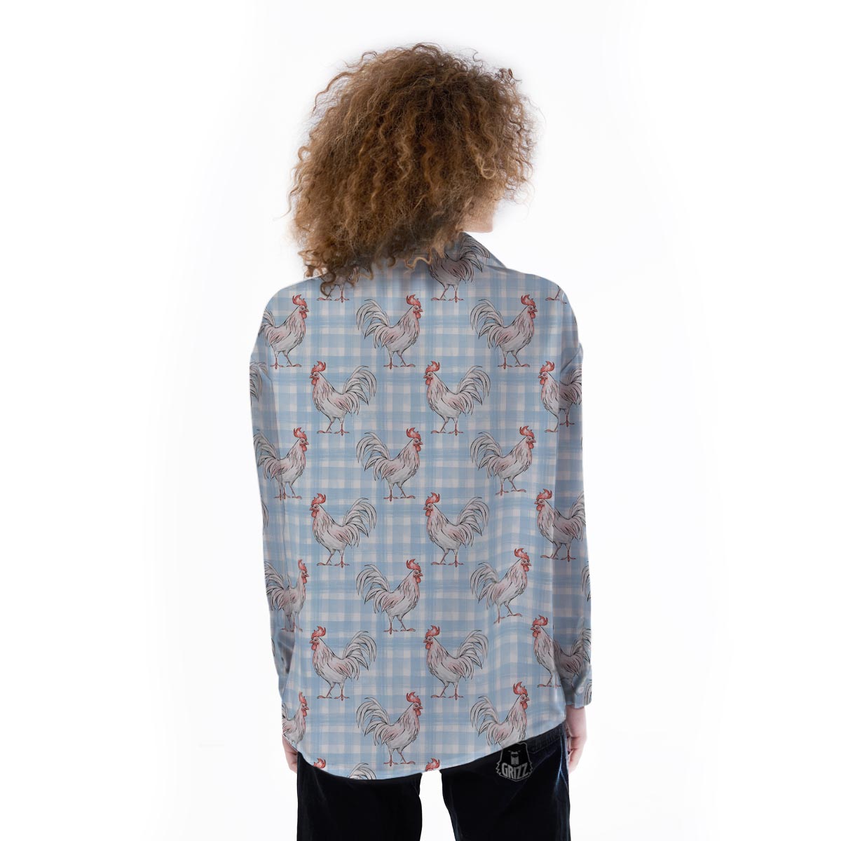 Plaid Rooster Print Pattern Women's Long Sleeve Shirts-grizzshop