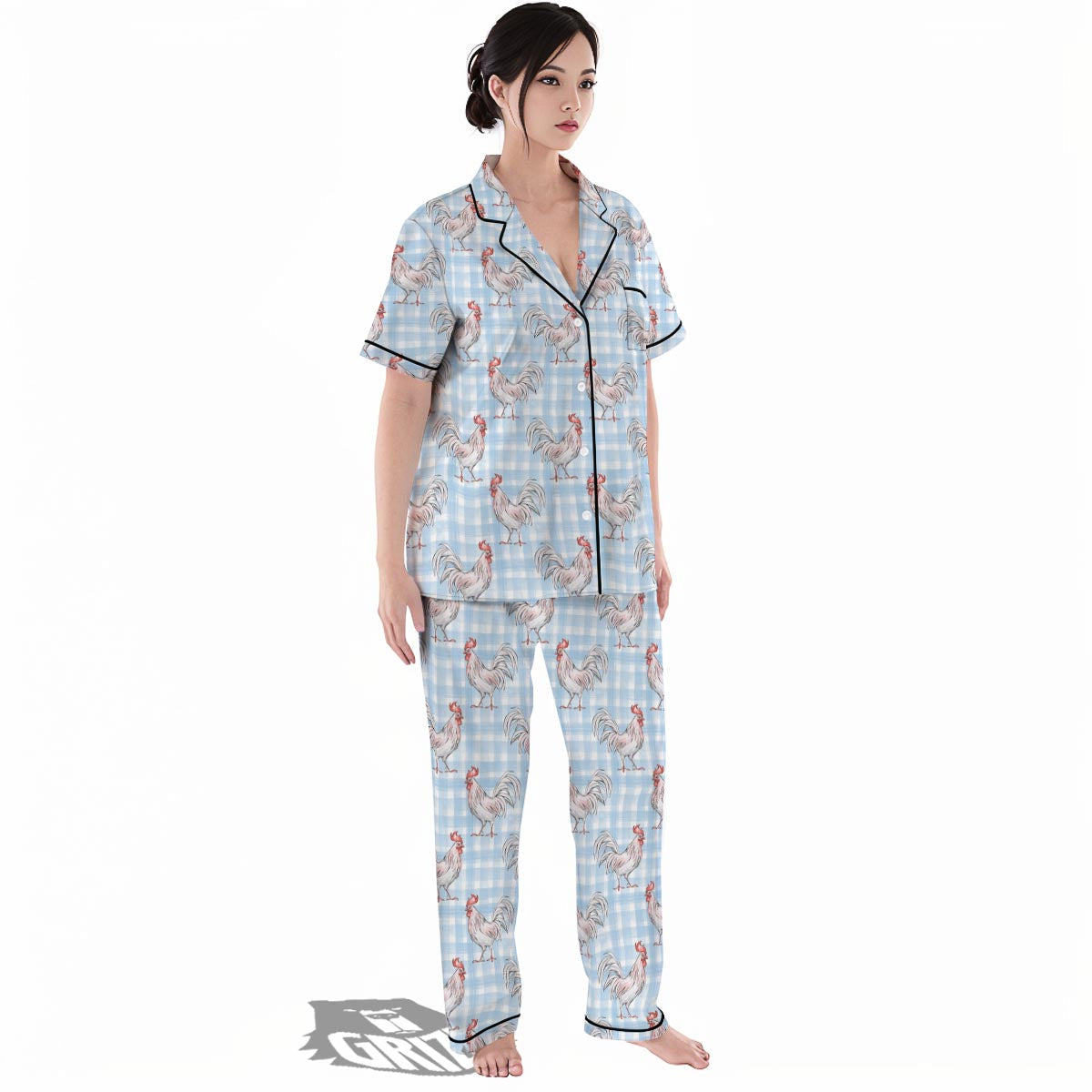 Plaid Rooster Print Pattern Women's Pajamas Set-grizzshop