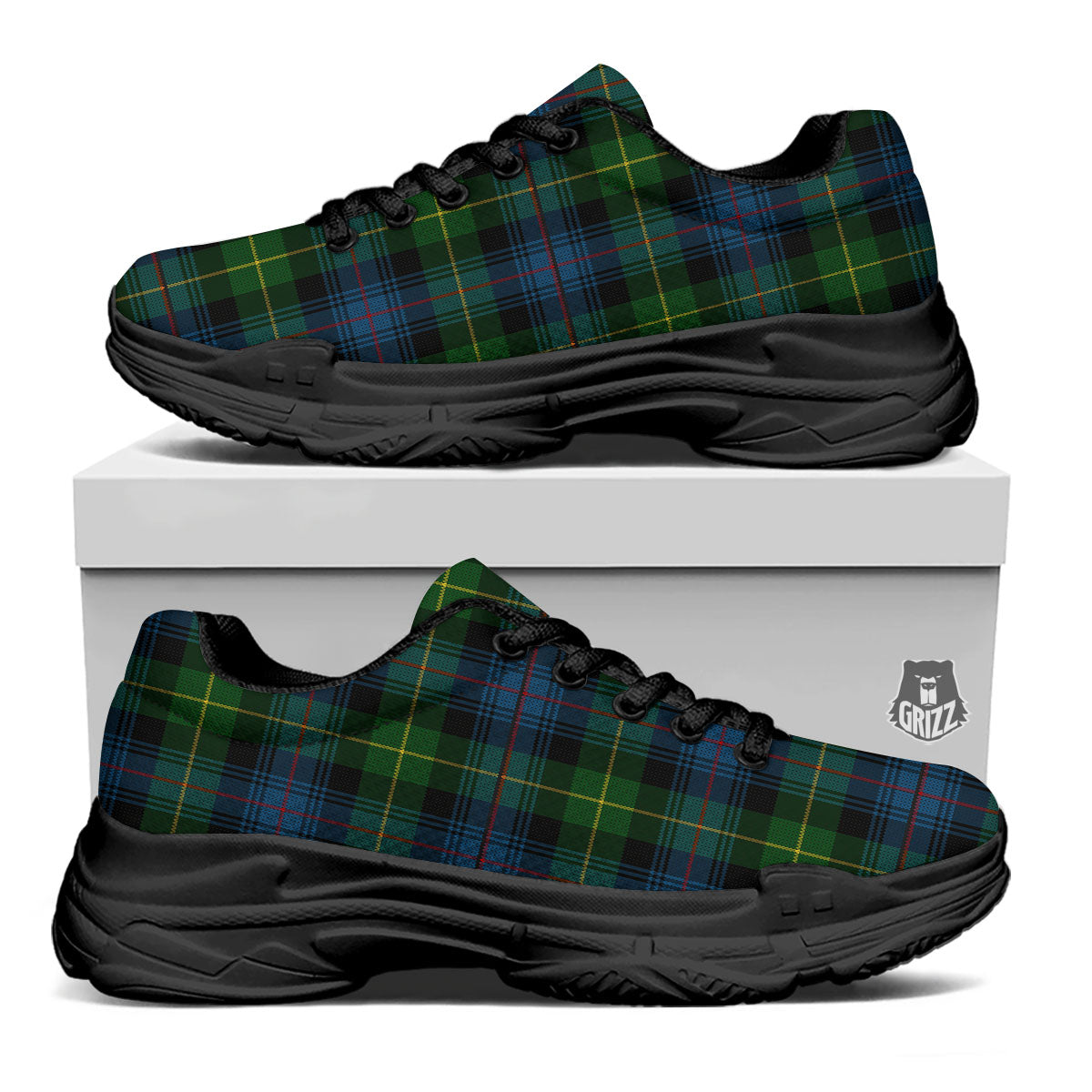 Plaid Scottish Knitted Print Black Chunky Shoes-grizzshop