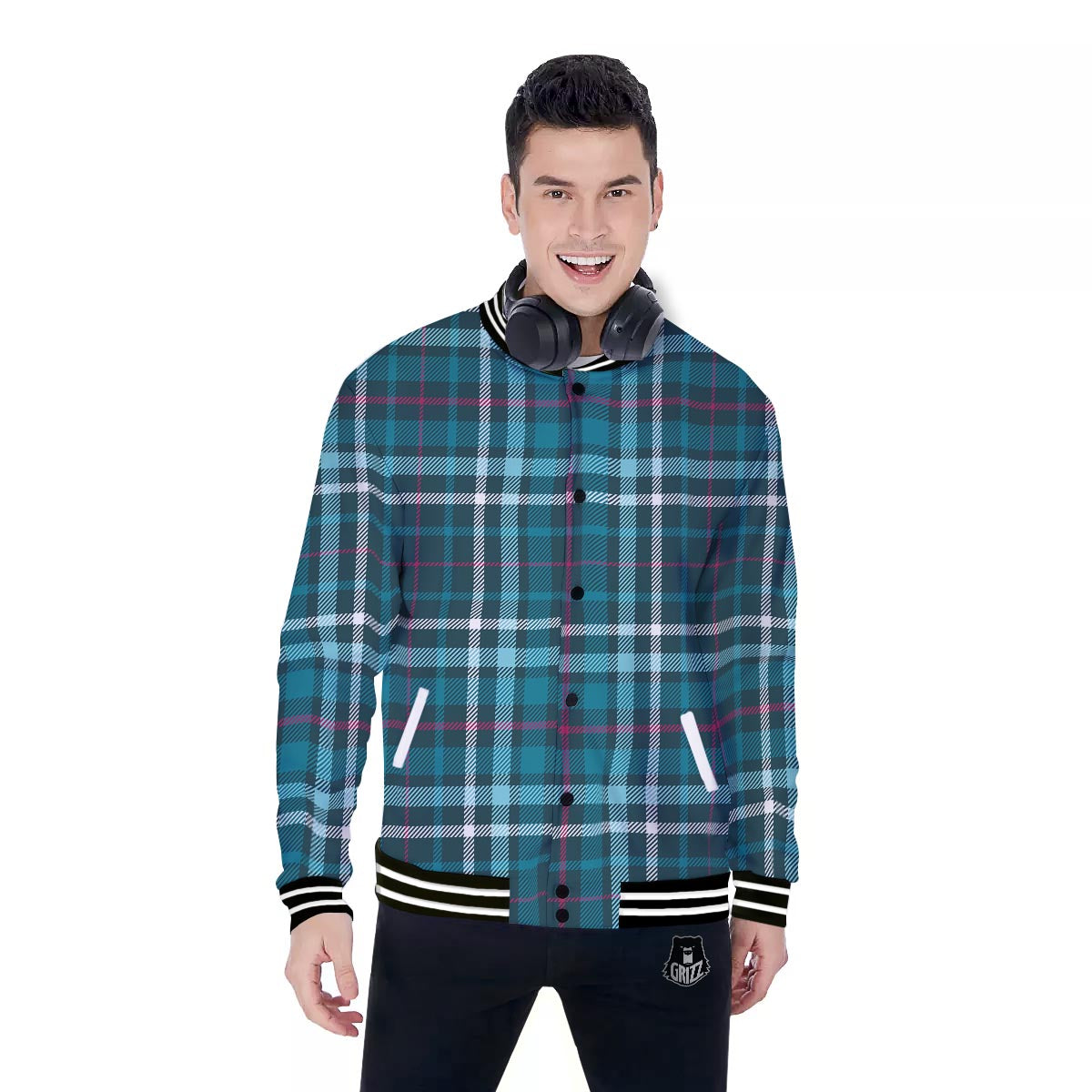 Plaid Teal Print Pattern Baseball Jacket-grizzshop