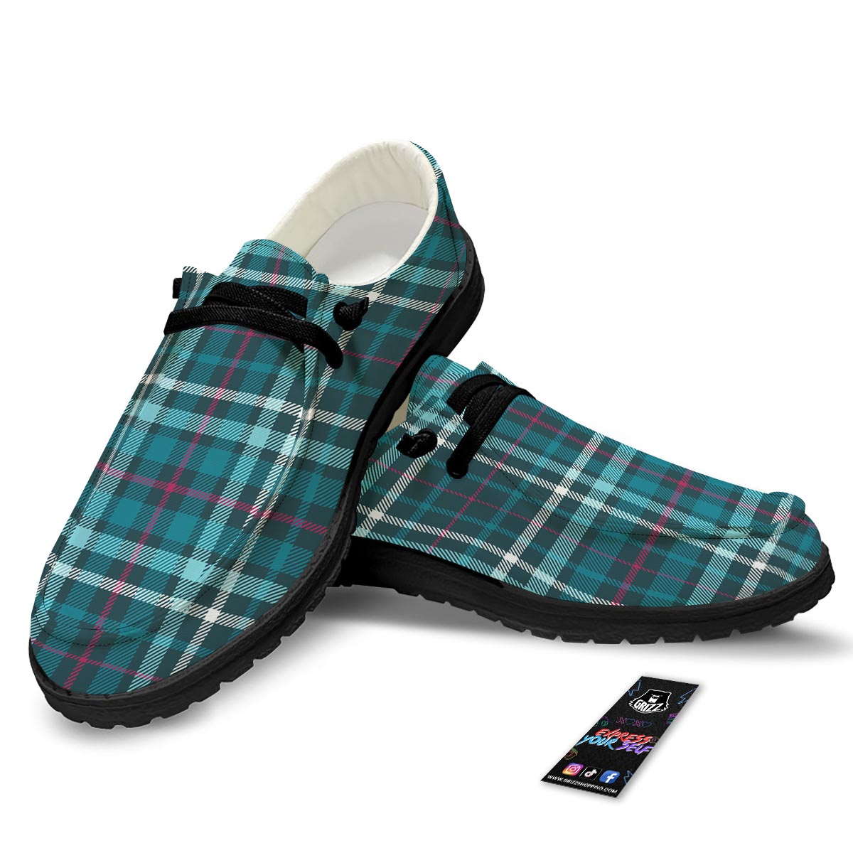 Plaid Teal Print Pattern Black Loafers-grizzshop