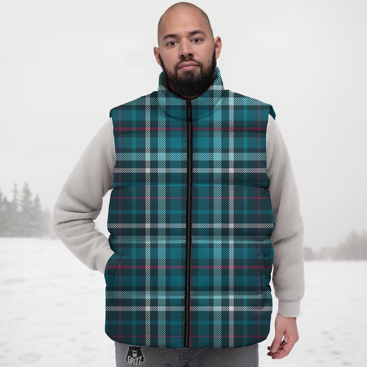 Plaid Teal Print Pattern Down Vest-grizzshop